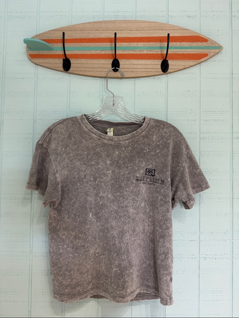 Quiet Storm Surf Mineral-Wash Gray Short Sleeve Crop Tee - design on back